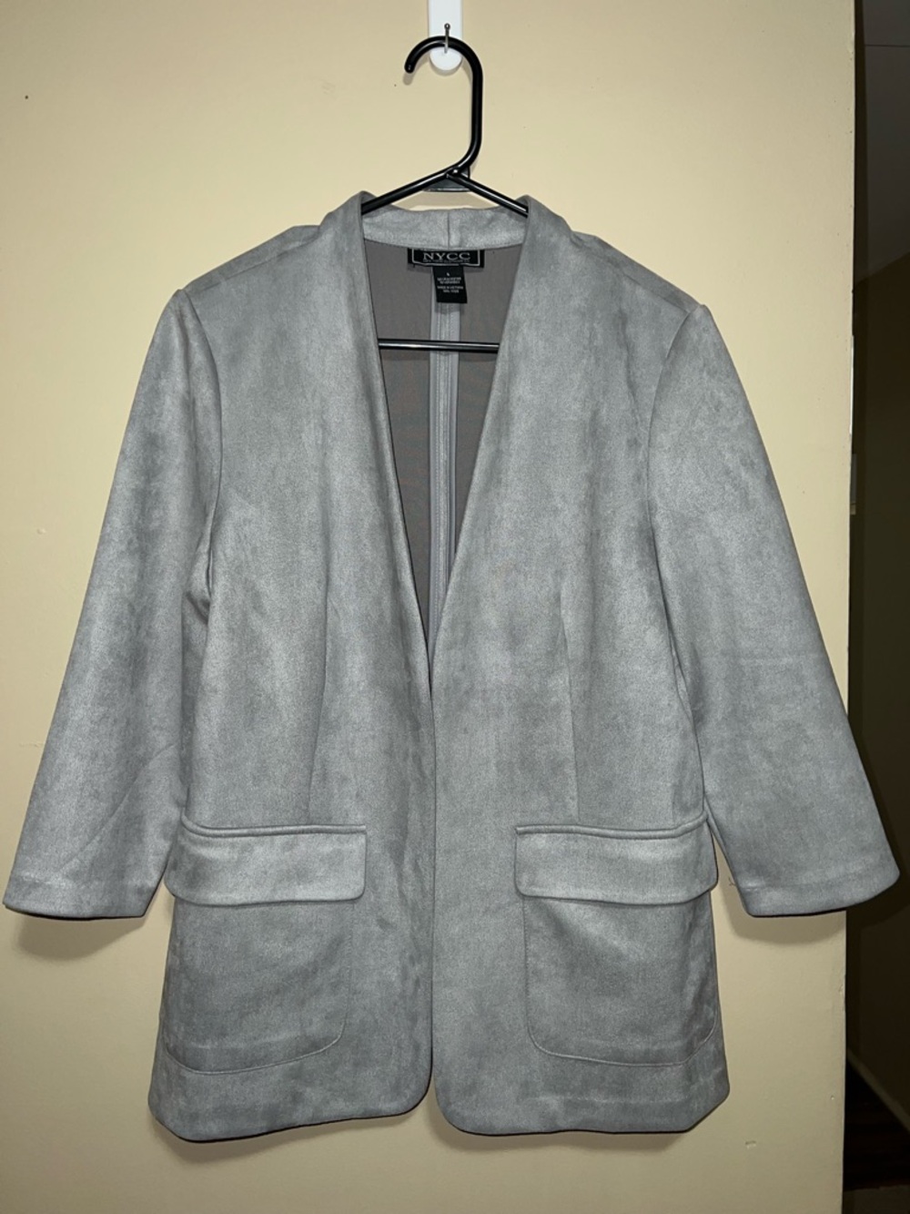 New York & Company Gray Collarless Suede-Look Open Front Blazer